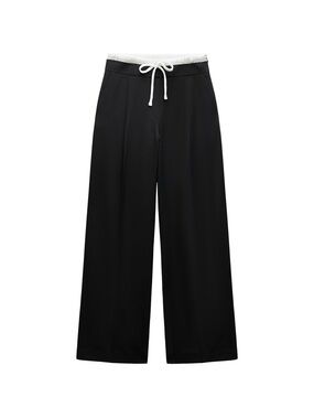 Zara Wide Leg Double Waistband Pants Black Contrast Drawstring Trousers Size S
